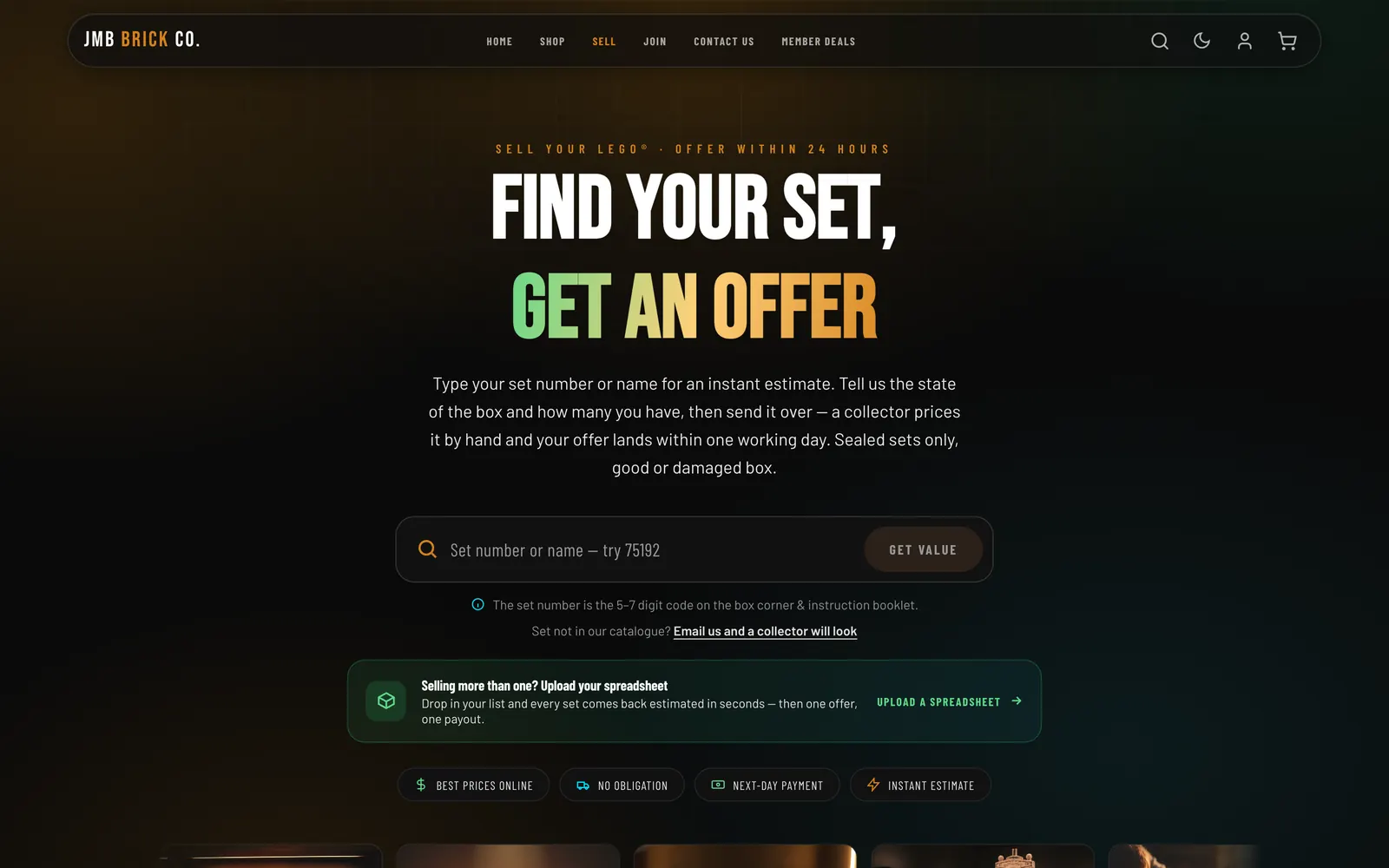 JMB Brick Co. sell page on desktop: Find your set, get an offer